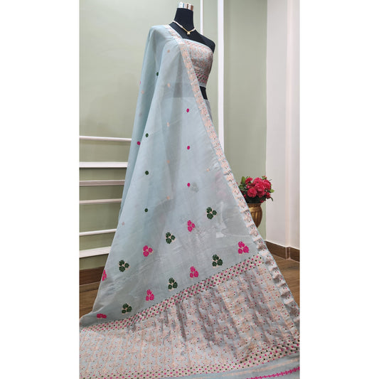 Light Blue Mulberry Silk (Paat-Kesapaat) Mekhela Chador