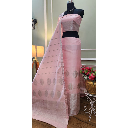 Light Pink Pure Mulberry Silk & Tassar Silk (mix) Mekhela Chador