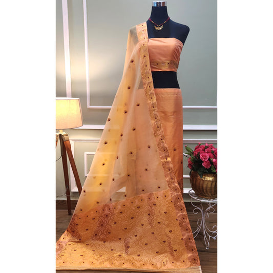 Light Orange Pure Mulberry Silk (Paat-Kesapaat) Mekhela Chador