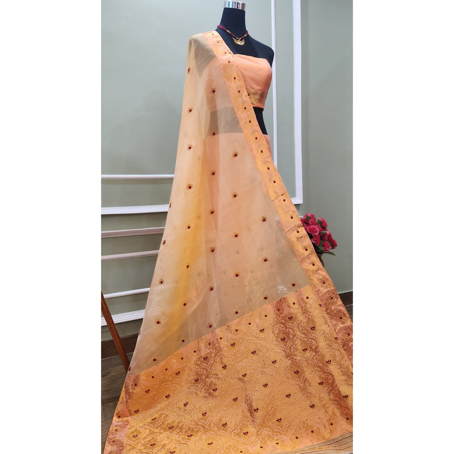 Light Orange Pure Mulberry Silk (Paat-Kesapaat) Mekhela Chador