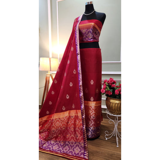 Red-Orange Pure Mulberry Silk Mekhela Chador