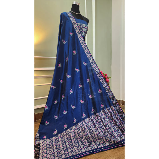 Royal Blue Pure Mulberry Silk (Paat) Mekhela Chador