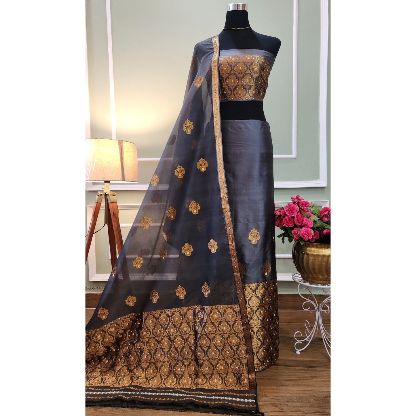 Charcoal Grey Mulberry Silk (Paat-Kesapaat)  Mekhela Chador