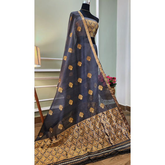 Charcoal Grey Mulberry Silk (Paat-Kesapaat)  Mekhela Chador