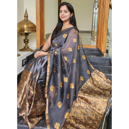 Charcoal Grey Mulberry Silk (Paat-Kesapaat)  Mekhela Chador