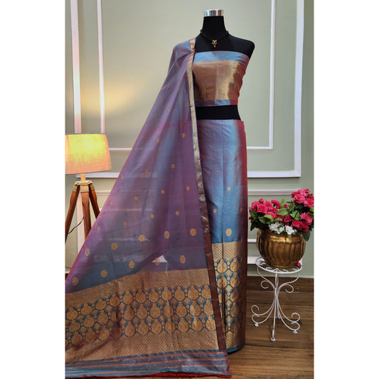 Blue Red Hue Pure Mulberry Silk (Paat- Kesapaat) Mekhela Chador