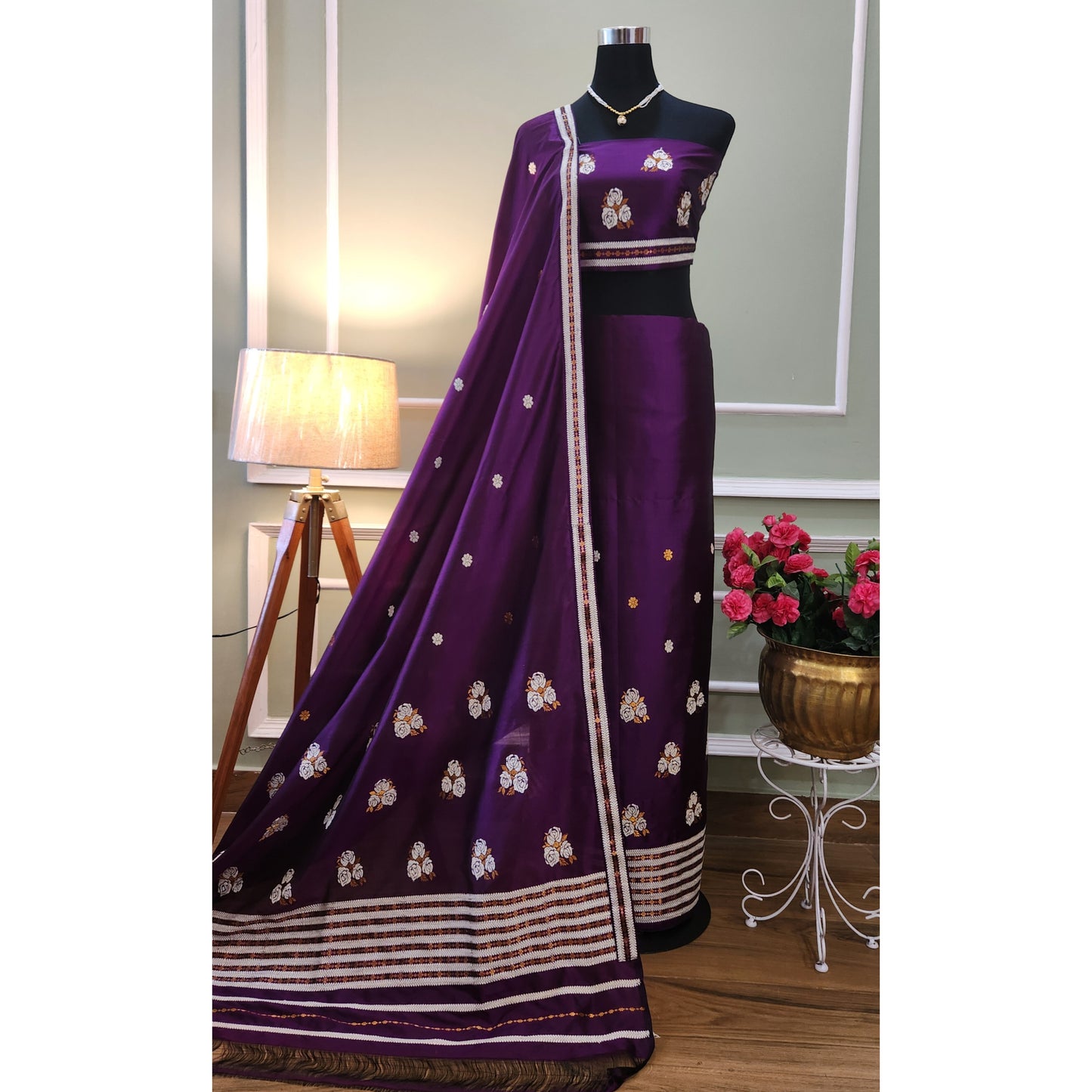Green / Dark Purple Pure Mulberry Silk Mekhela Chador