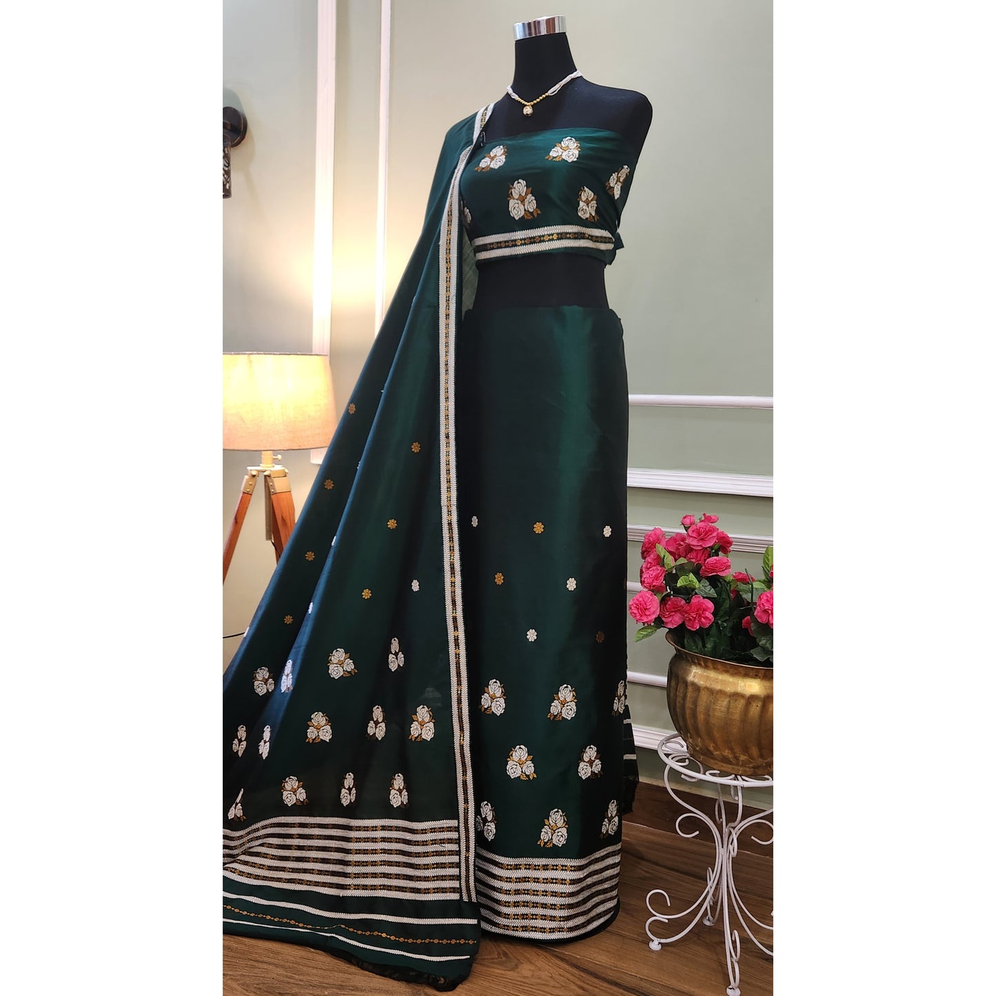 Green / Dark Purple Pure Mulberry Silk Mekhela Chador