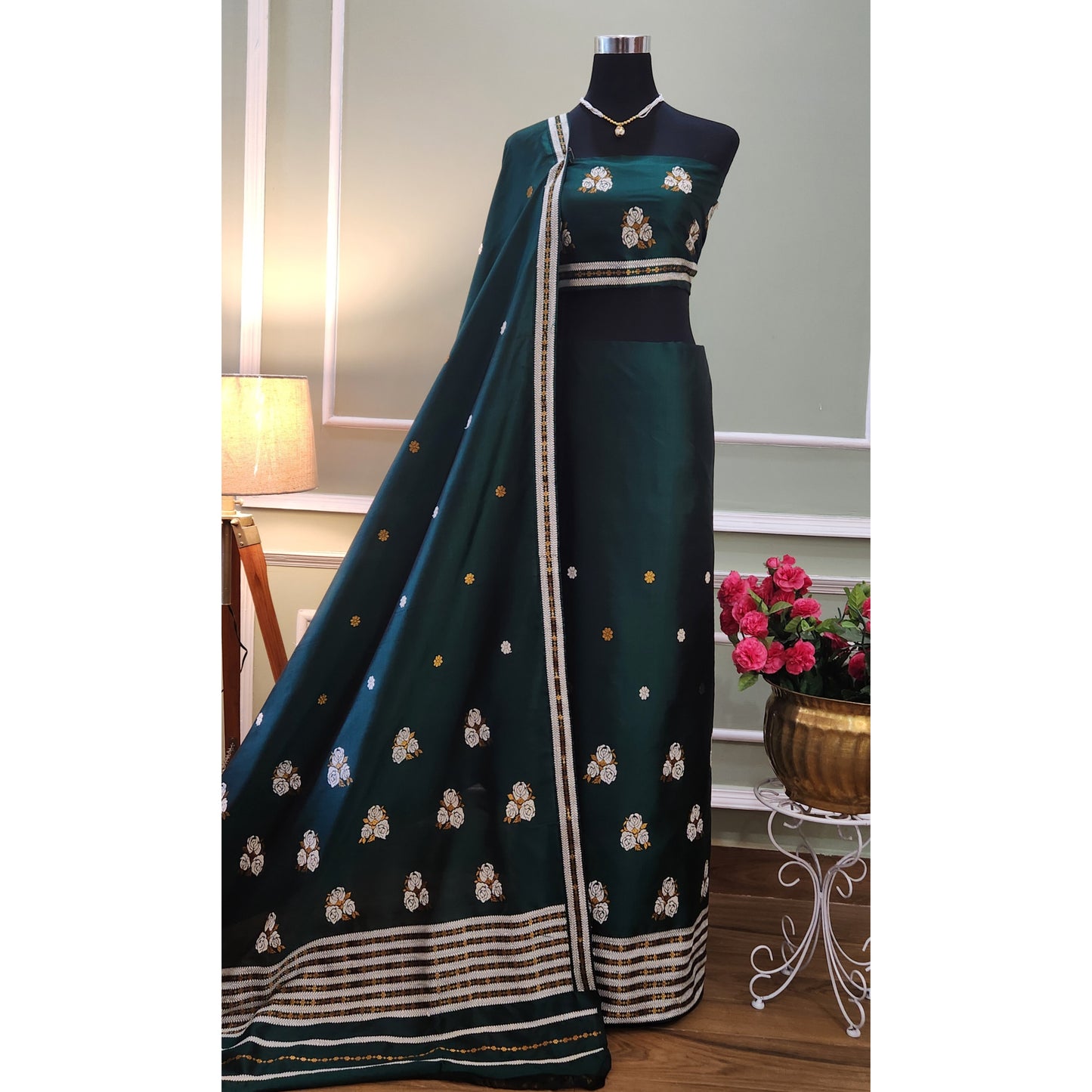 Green / Dark Purple Pure Mulberry Silk Mekhela Chador