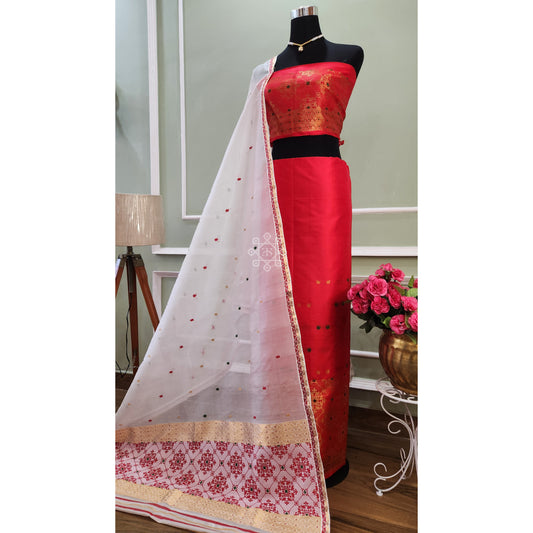 Red-White Pure Mulberry Silk (Paat-Kesapaat) Mekhela Chador