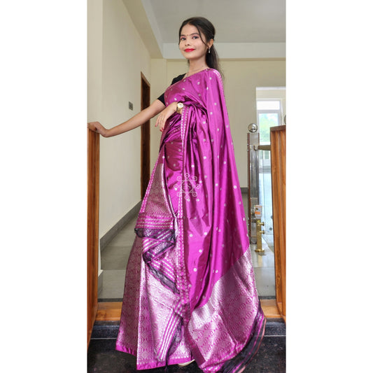 Magenta-Pink Pure Mulberry Silk Mekhela Chador