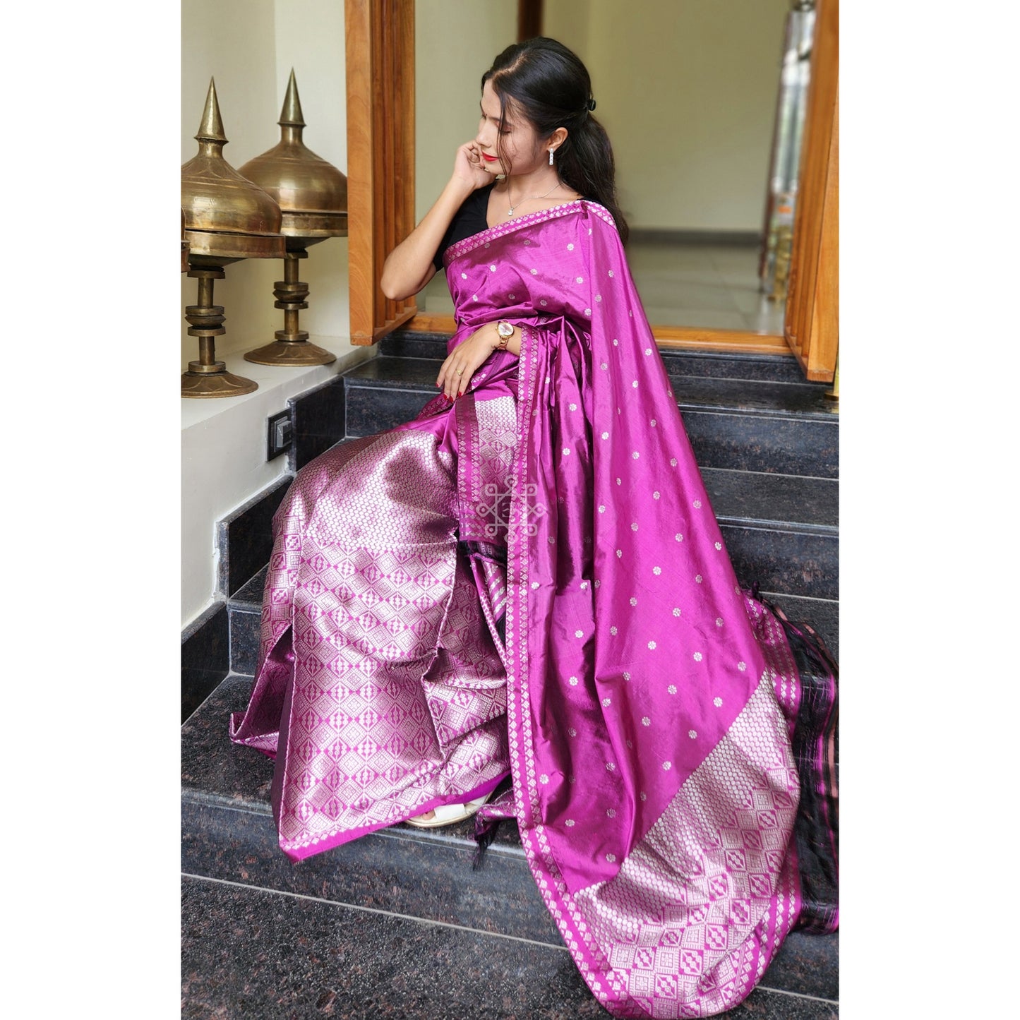 Magenta-Pink Pure Mulberry Silk Mekhela Chador