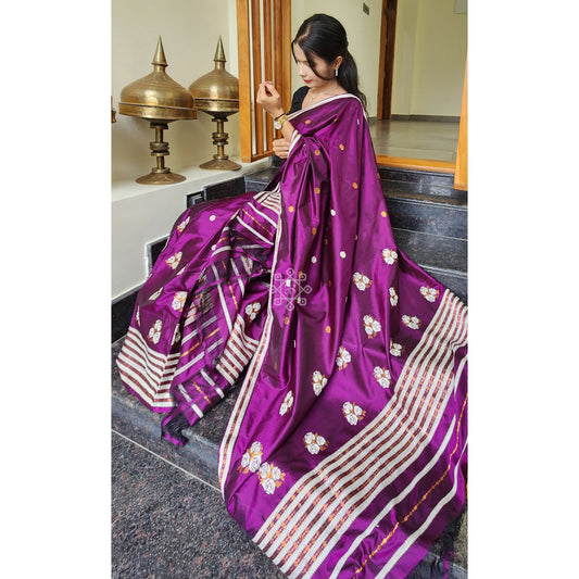 Green / Dark Purple Pure Mulberry Silk Mekhela Chador