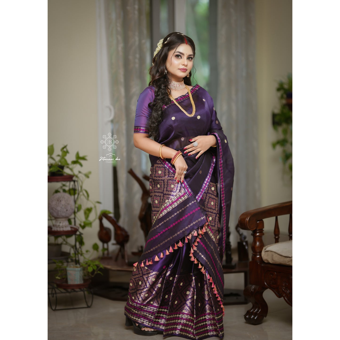Violet Mulberry Silk (Paat-Kesapaat) Mekhela Chador