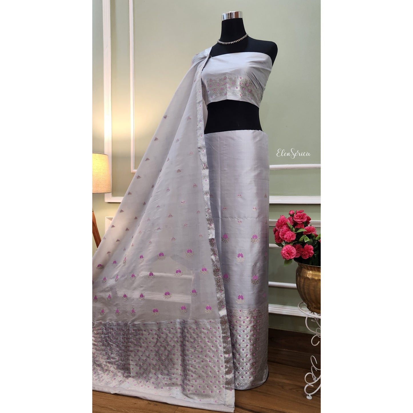 Silver Lilac Mulberry Silk Mekhela Chador