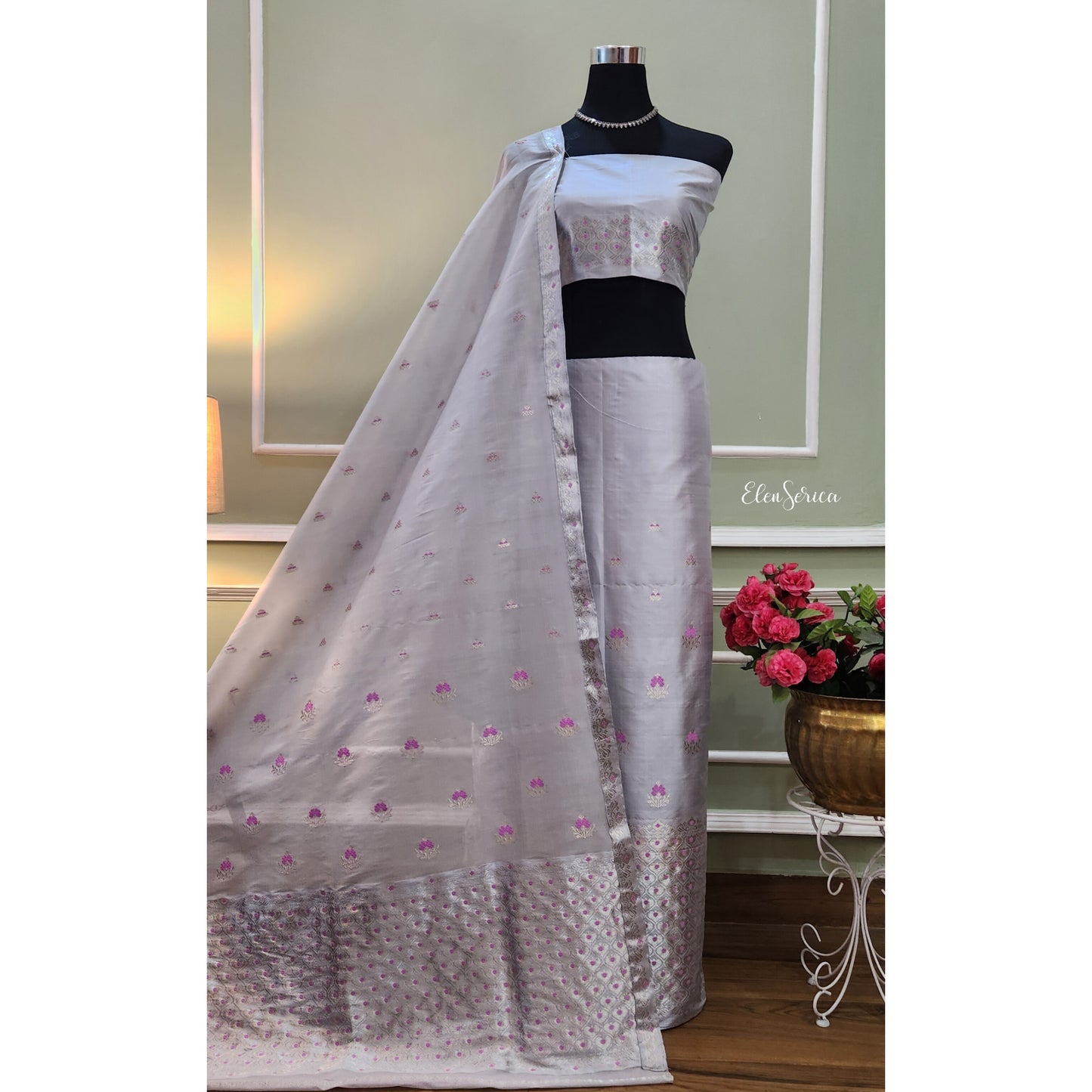 Silver Lilac Mulberry Silk Mekhela Chador