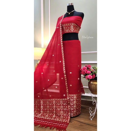 Red Cotton-Kesapaat Mekhela Chador