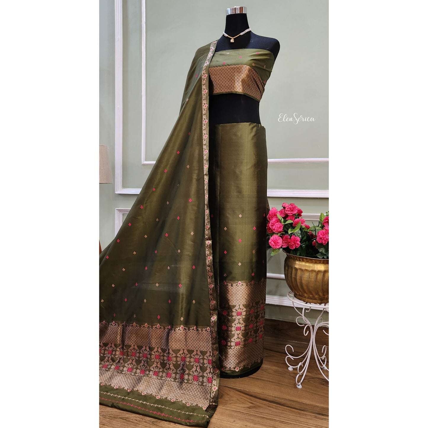 Olive Mulberry Silk (Paat) Mekhela Chador