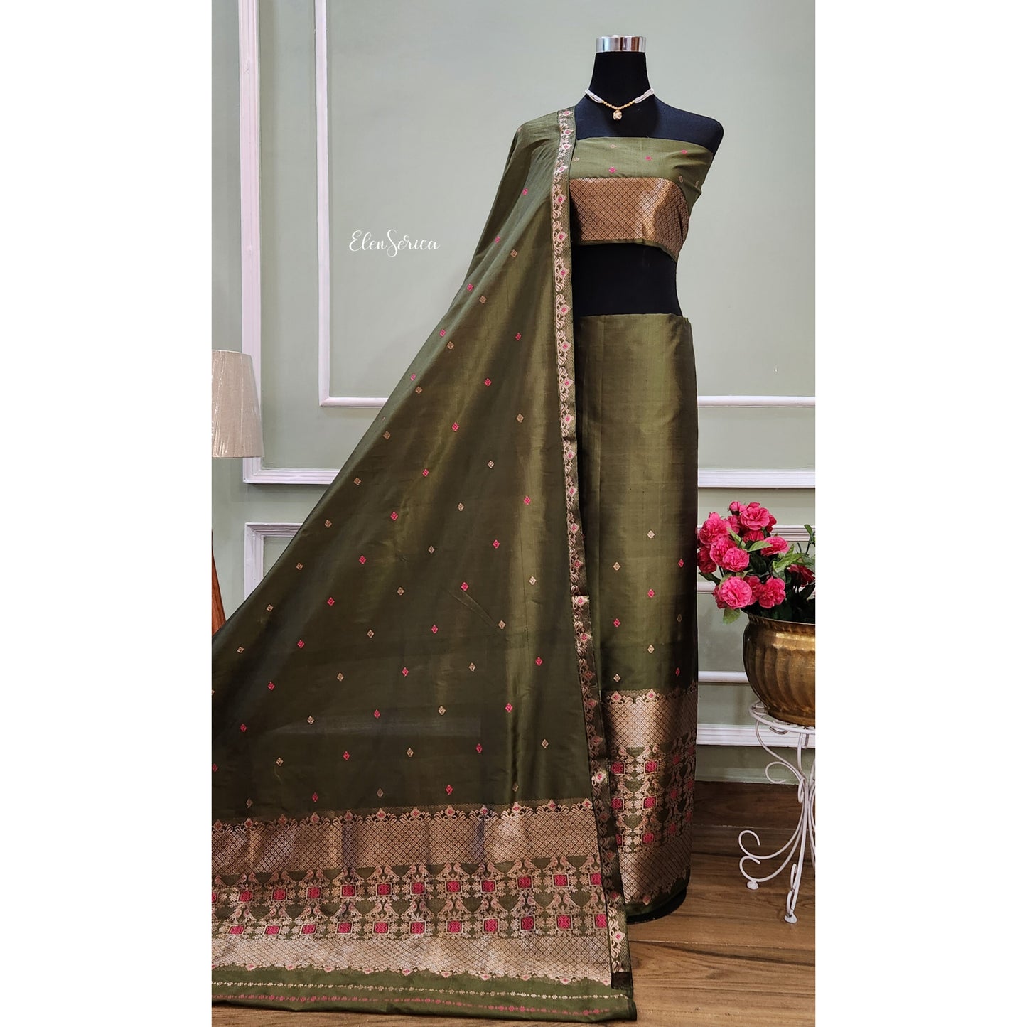 Olive Mulberry Silk (Paat) Mekhela Chador