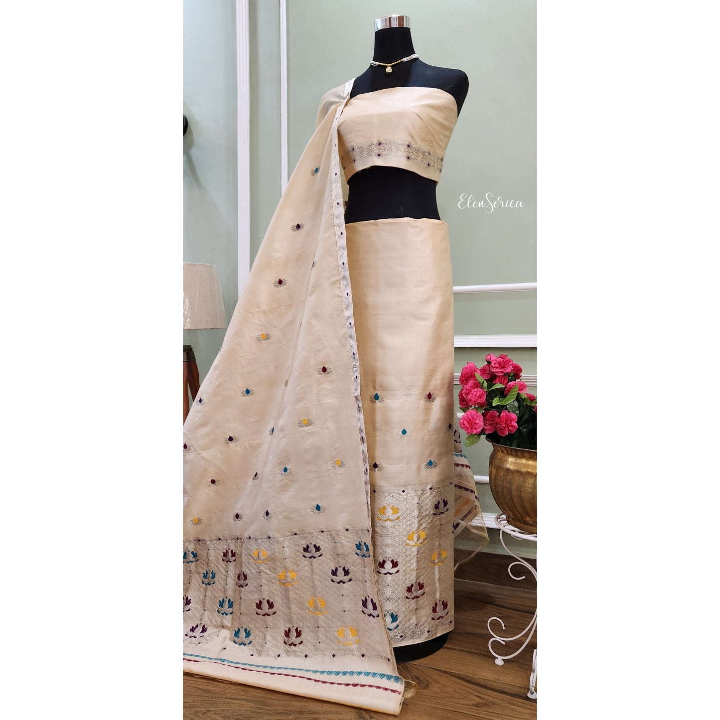 White Tassar Silk Mekhela Chador