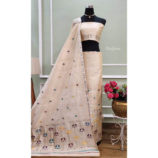White Tassar Silk Mekhela Chador
