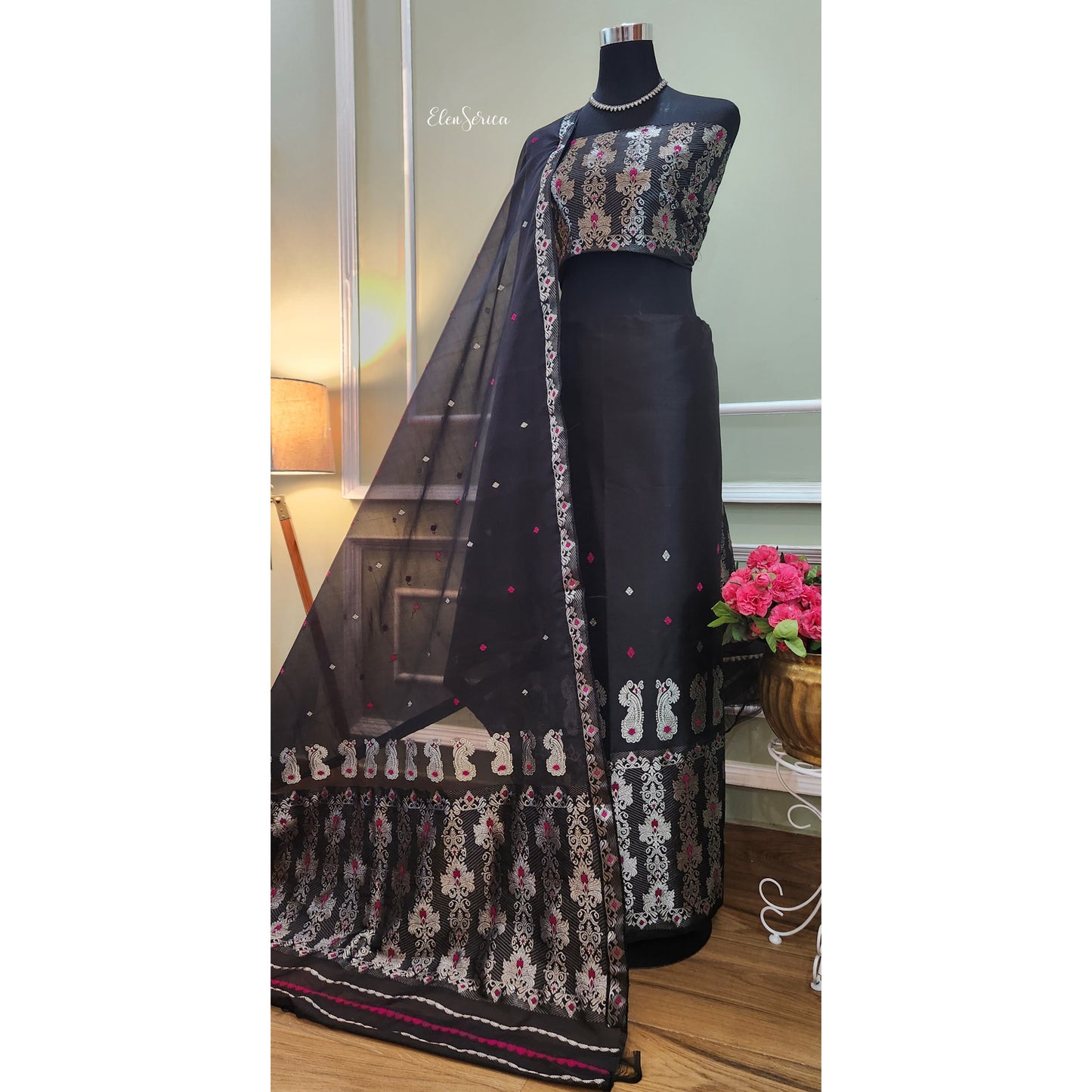 Black Silver Mulberry Silk (Paat-Kesapaat) Mekhela Chador
