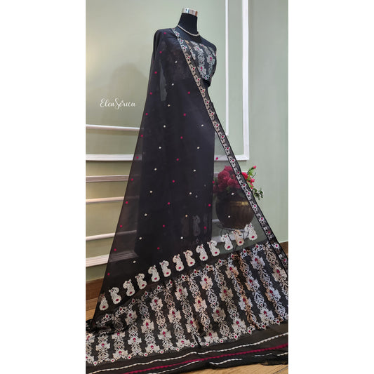 Black Silver Mulberry Silk (Paat-Kesapaat) Mekhela Chador