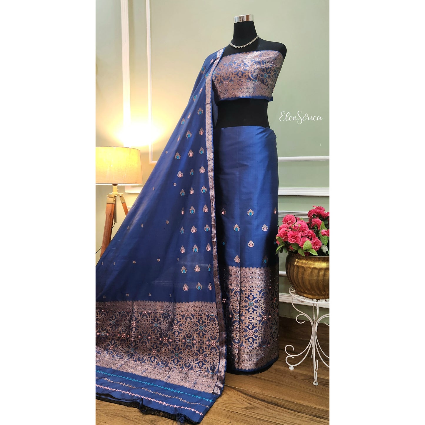 Navy Blue Mulberry Silk (Paat) Mekhela Chador