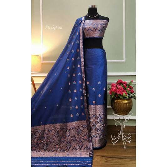 Navy Blue Mulberry Silk (Paat) Mekhela Chador