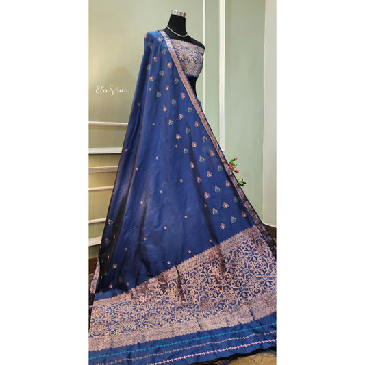 Navy Blue Mulberry Silk (Paat) Mekhela Chador
