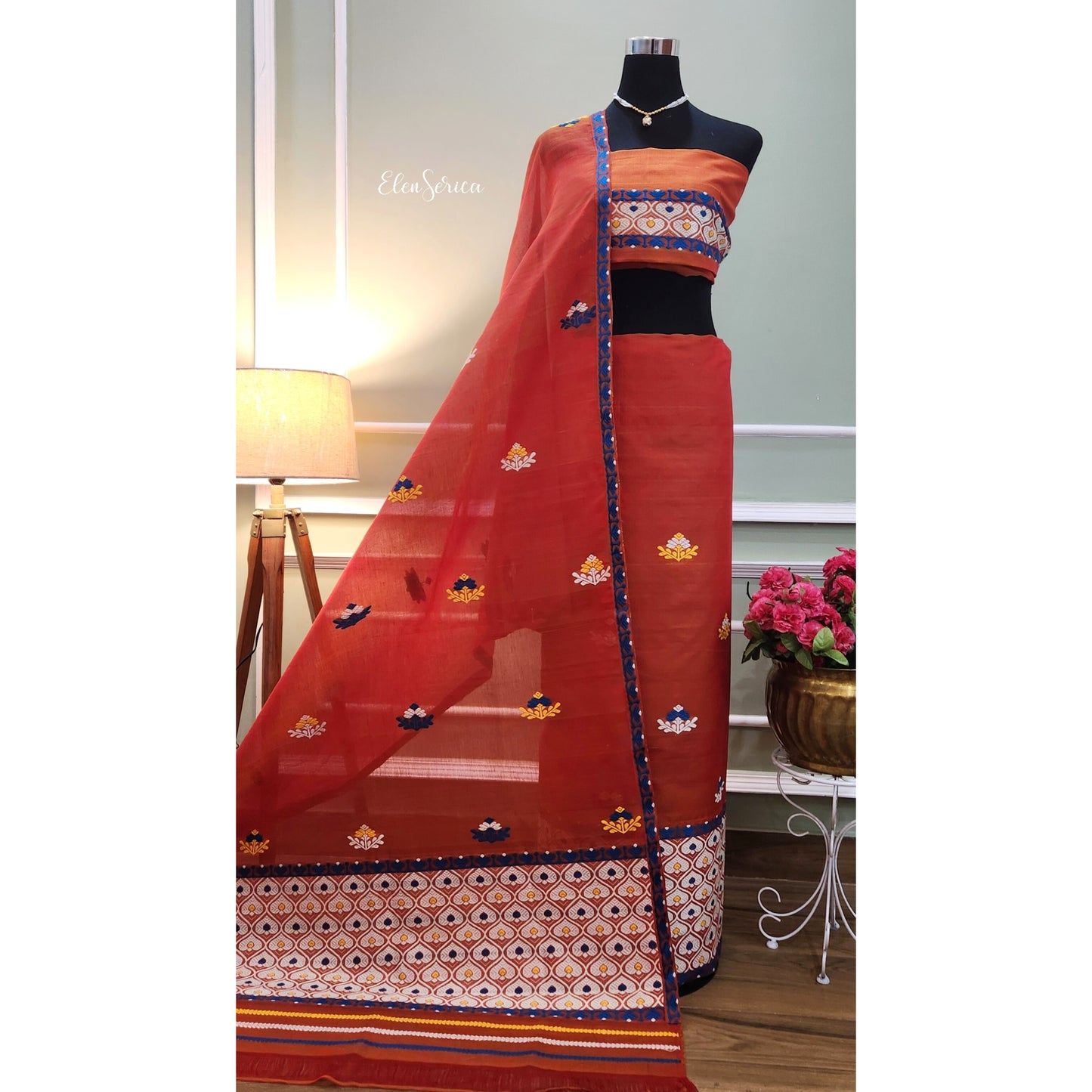 Orange Cotton Kesapaat Mekhela Chador