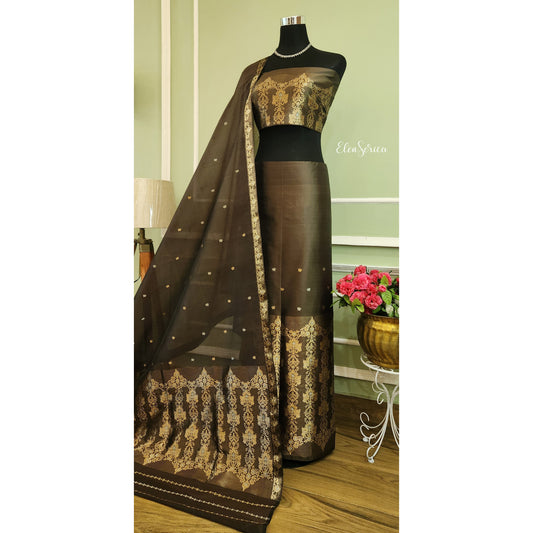 Olive Green Mulberry Silk (Paat-Kesapaat) Mekhela Chador