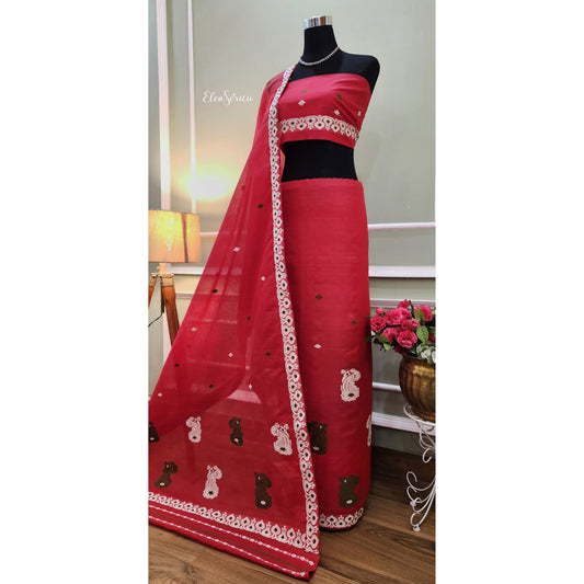 Red Cotton-Kesapaat Mekhela Chador
