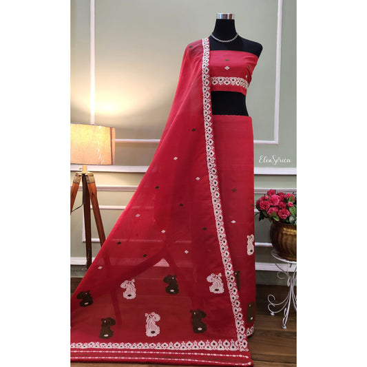 Red Cotton-Kesapaat Mekhela Chador