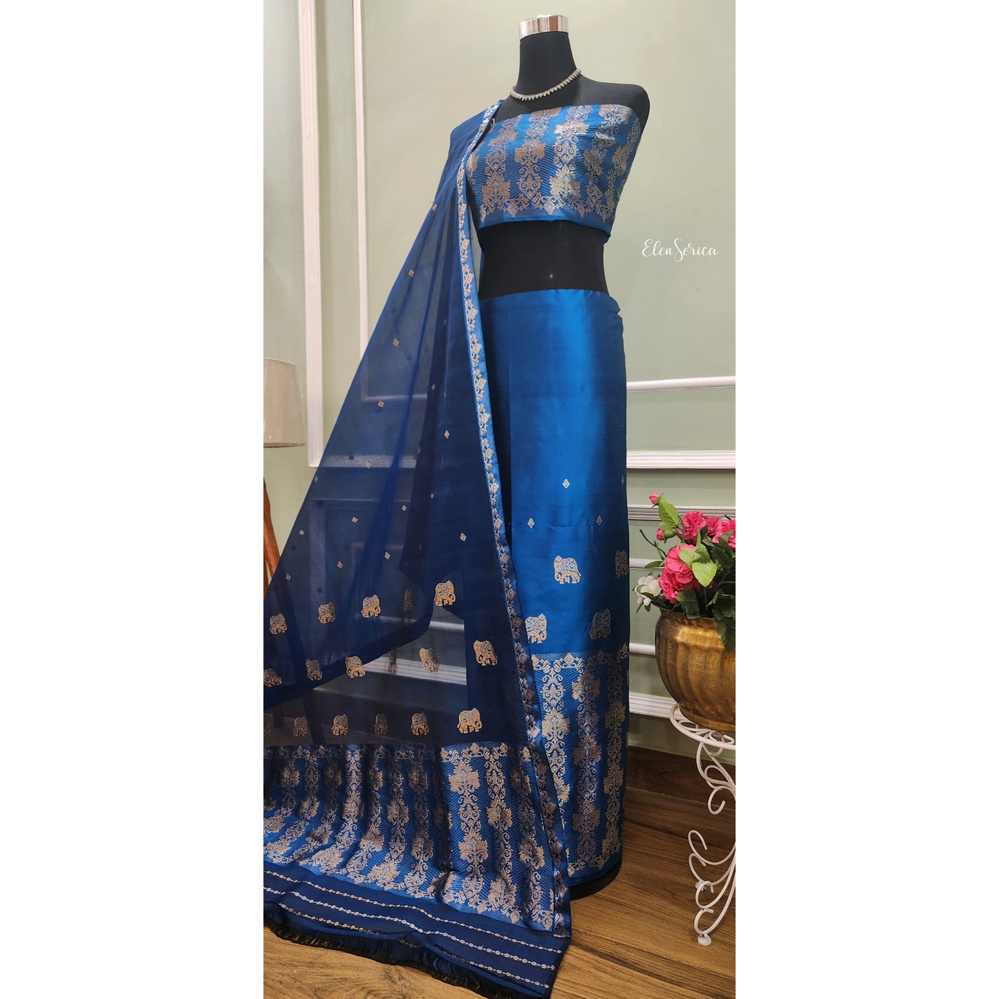Midnight Blue Mulberry Silk (Paat) Mekhela Chador