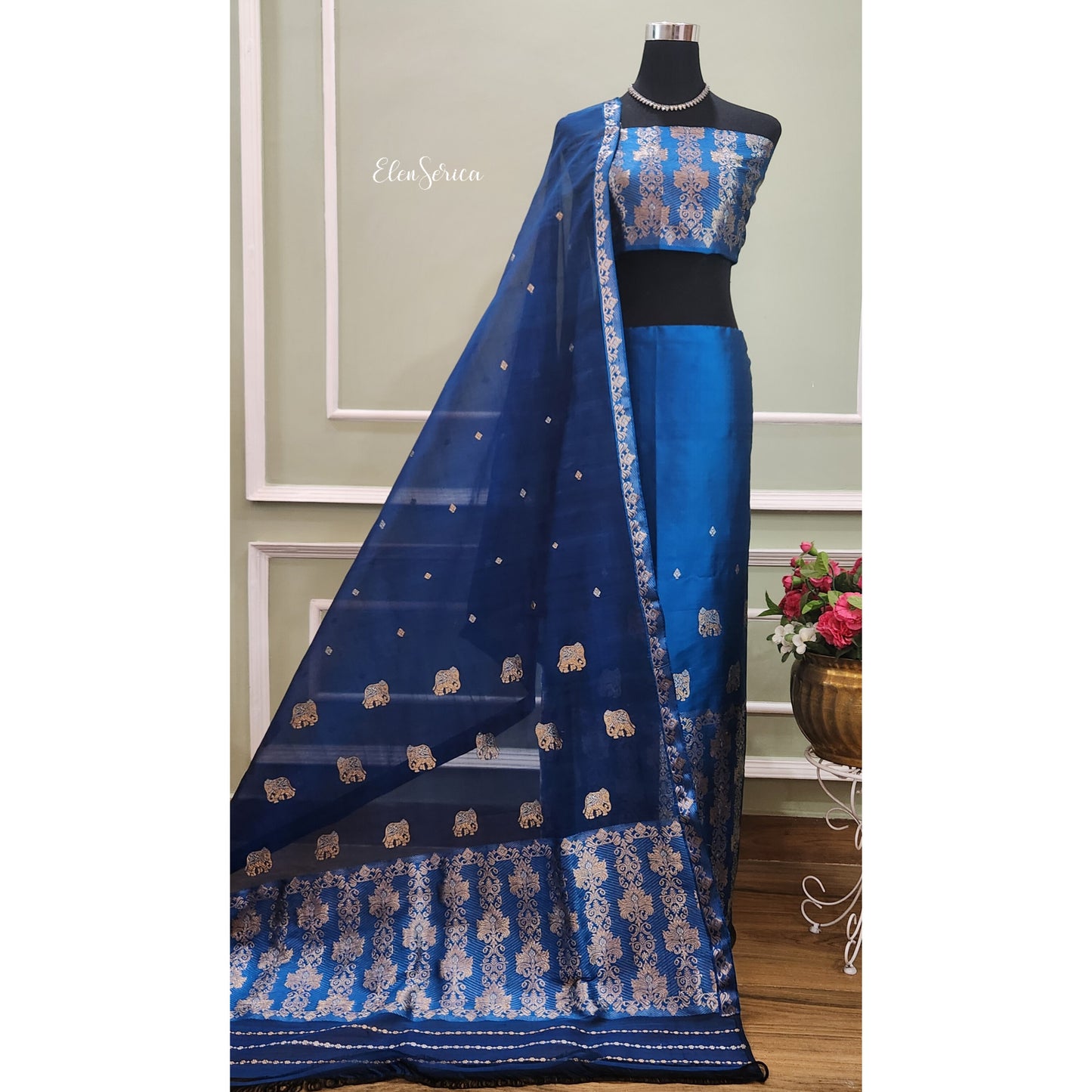 Midnight Blue Mulberry Silk (Paat) Mekhela Chador