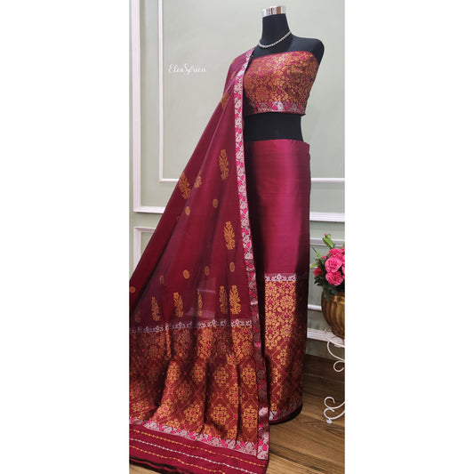 Magenta-Golden Pure Silk Mekhela Chador