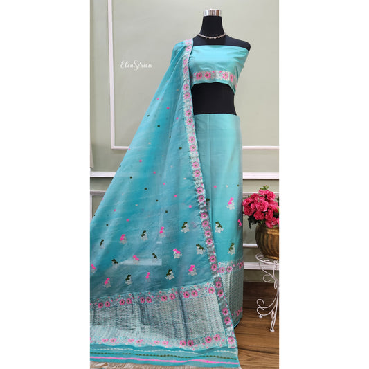 Turquoise Mulberry Silk (Paat-Kesapaat) Mekhela Chador