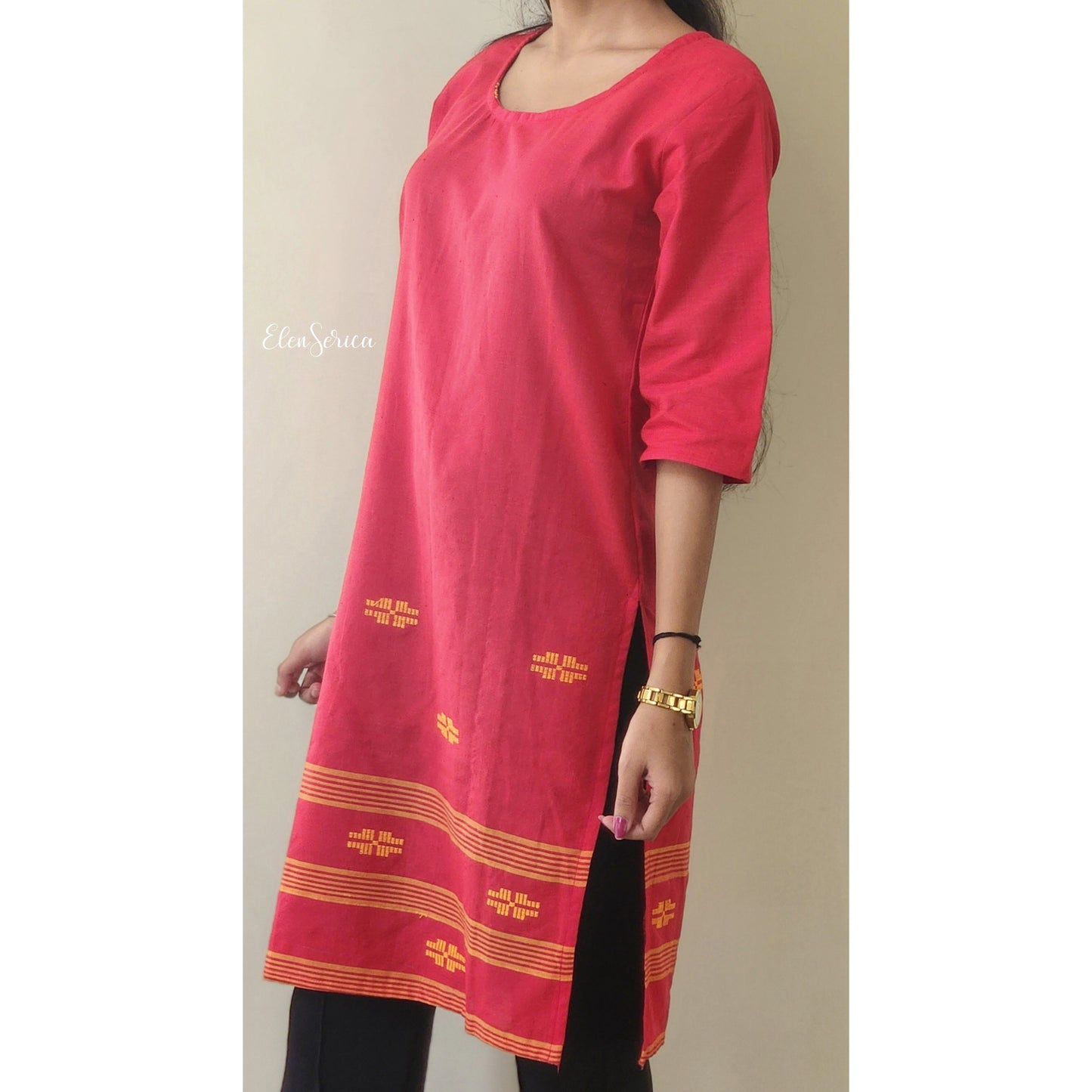 Pink Cotton Handwoven Kurti