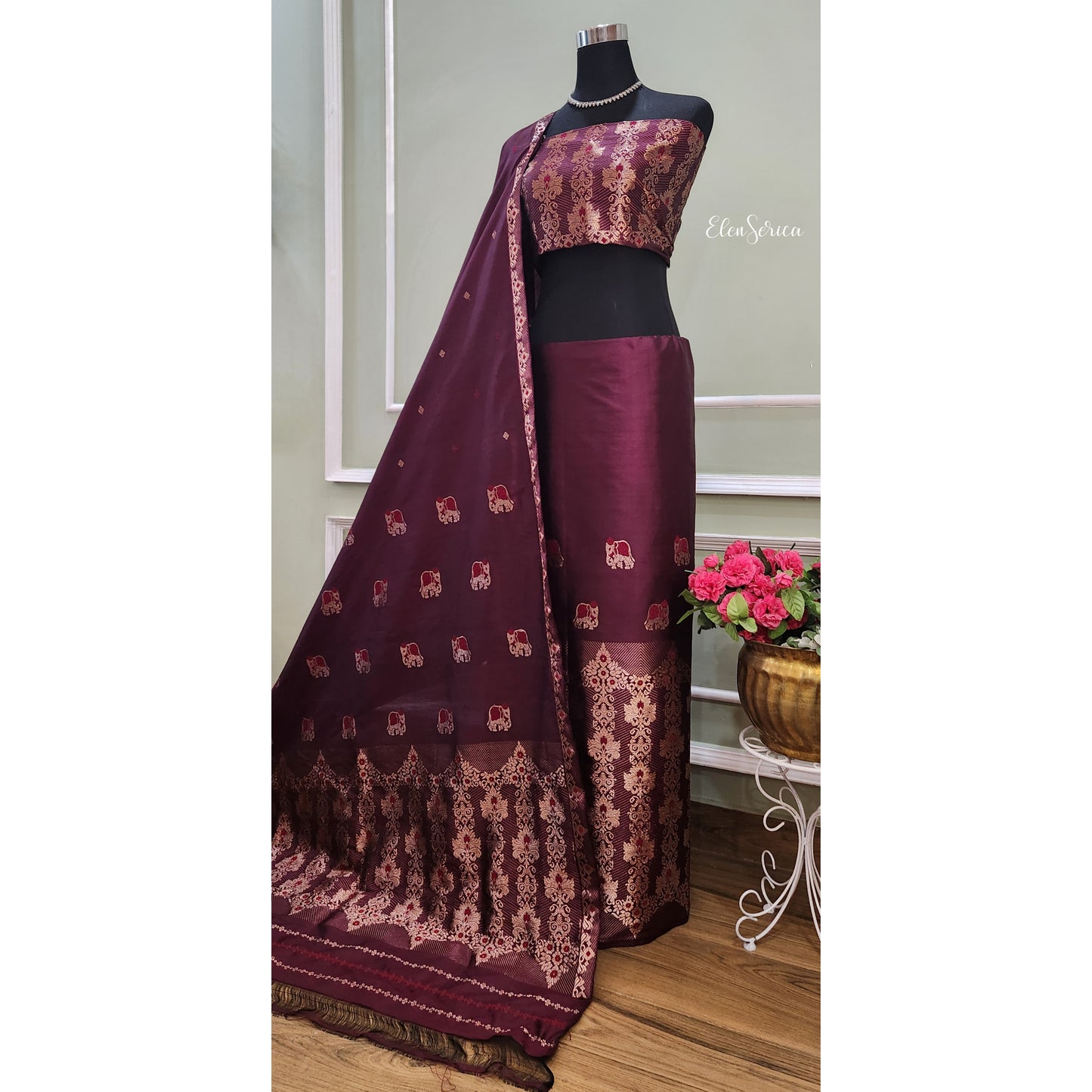 Burgundy Pure Silk Mekhela Chador