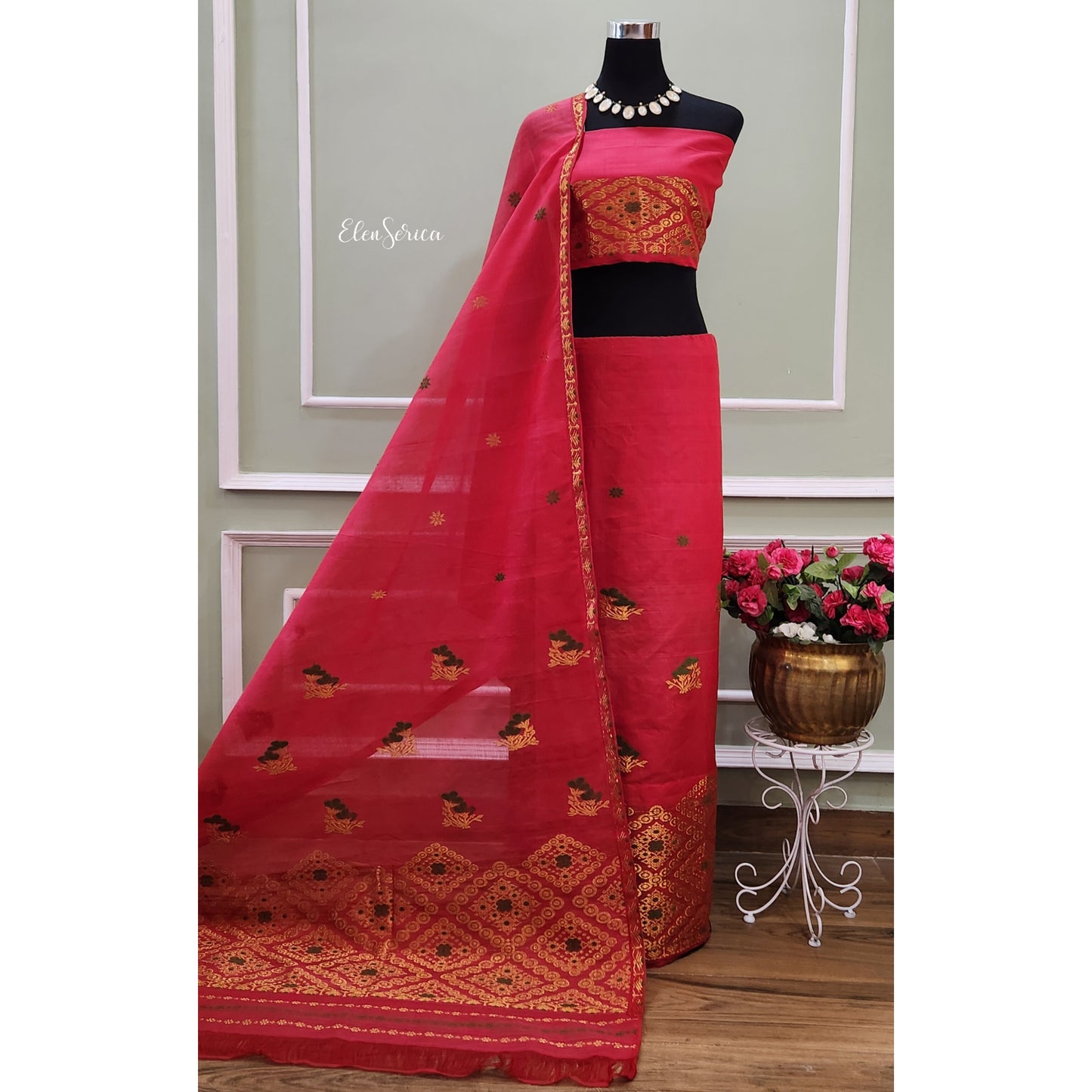 Red Cotton-Kesapaat Mekhela Chador