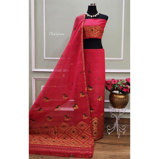 Red Cotton-Kesapaat Mekhela Chador