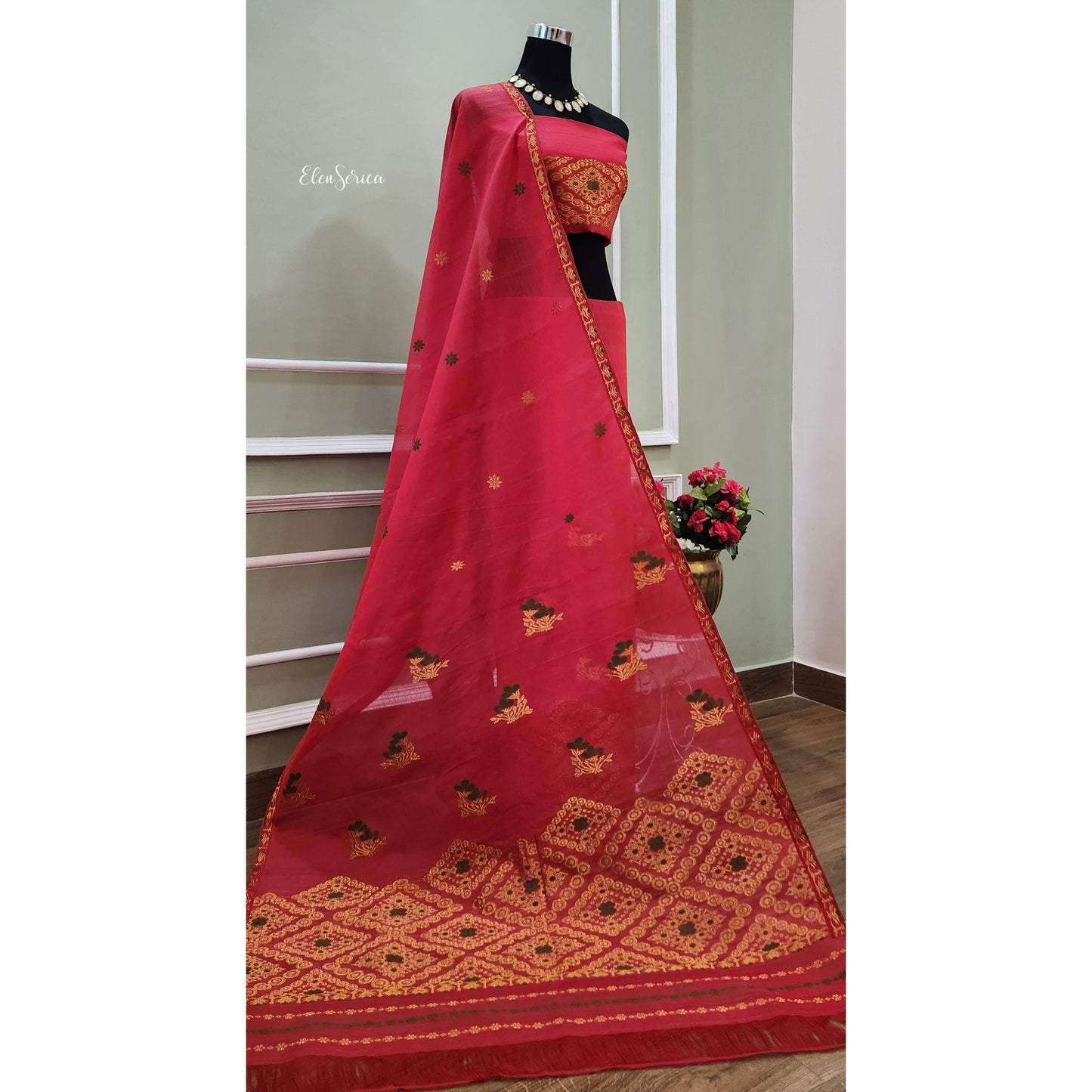 Red Cotton-Kesapaat Mekhela Chador