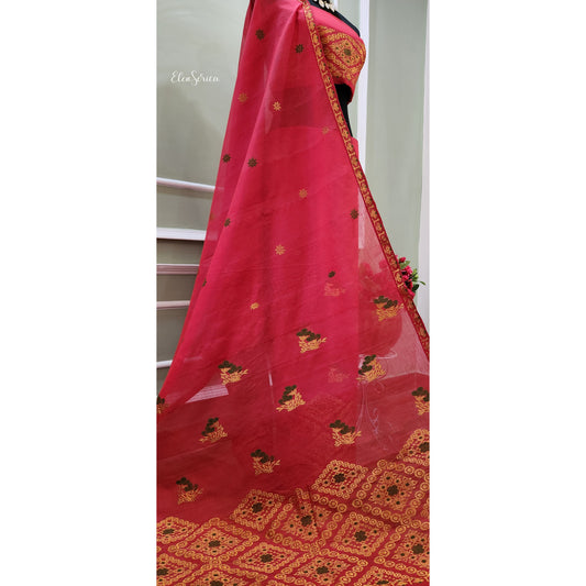 Red Cotton-Kesapaat Mekhela Chador