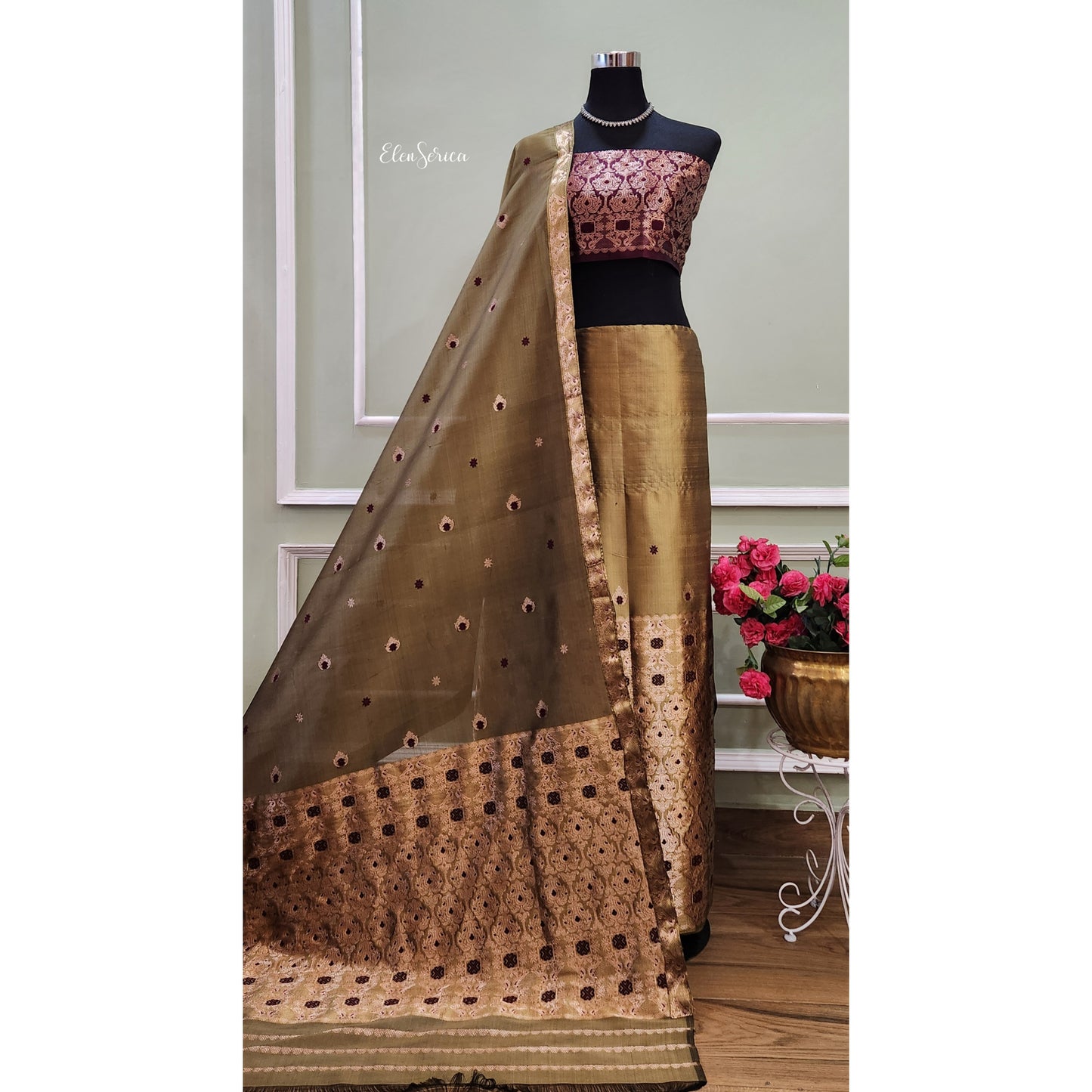 Mulberry Silk Olive-Maroon Contrast Mekhela Chador