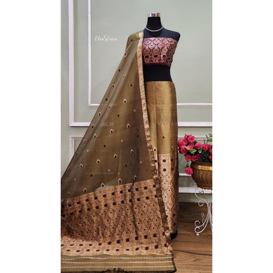 Mulberry Silk Olive-Maroon Contrast Mekhela Chador