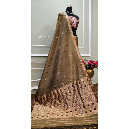 Mulberry Silk Olive-Maroon Contrast Mekhela Chador