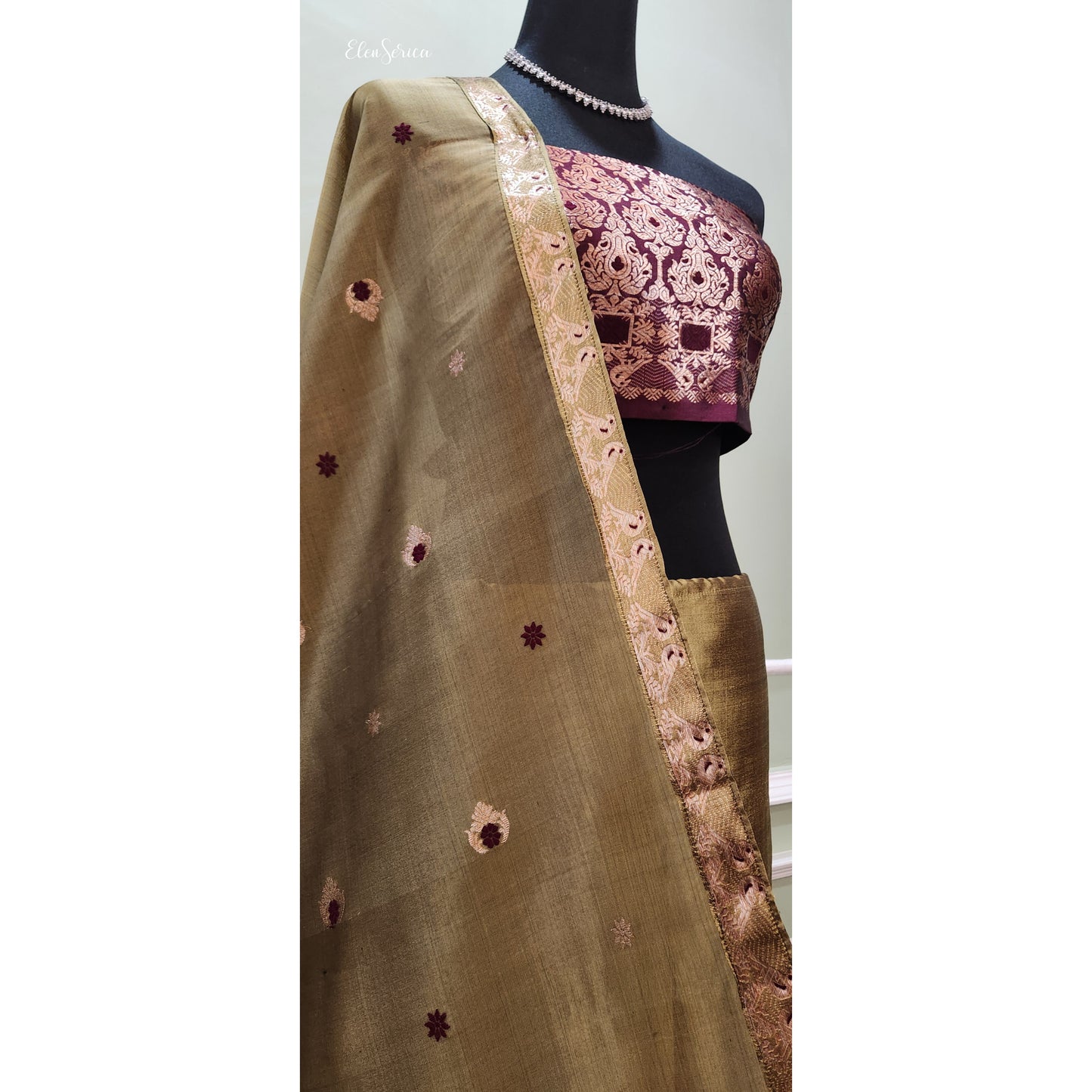 Mulberry Silk Olive-Maroon Contrast Mekhela Chador