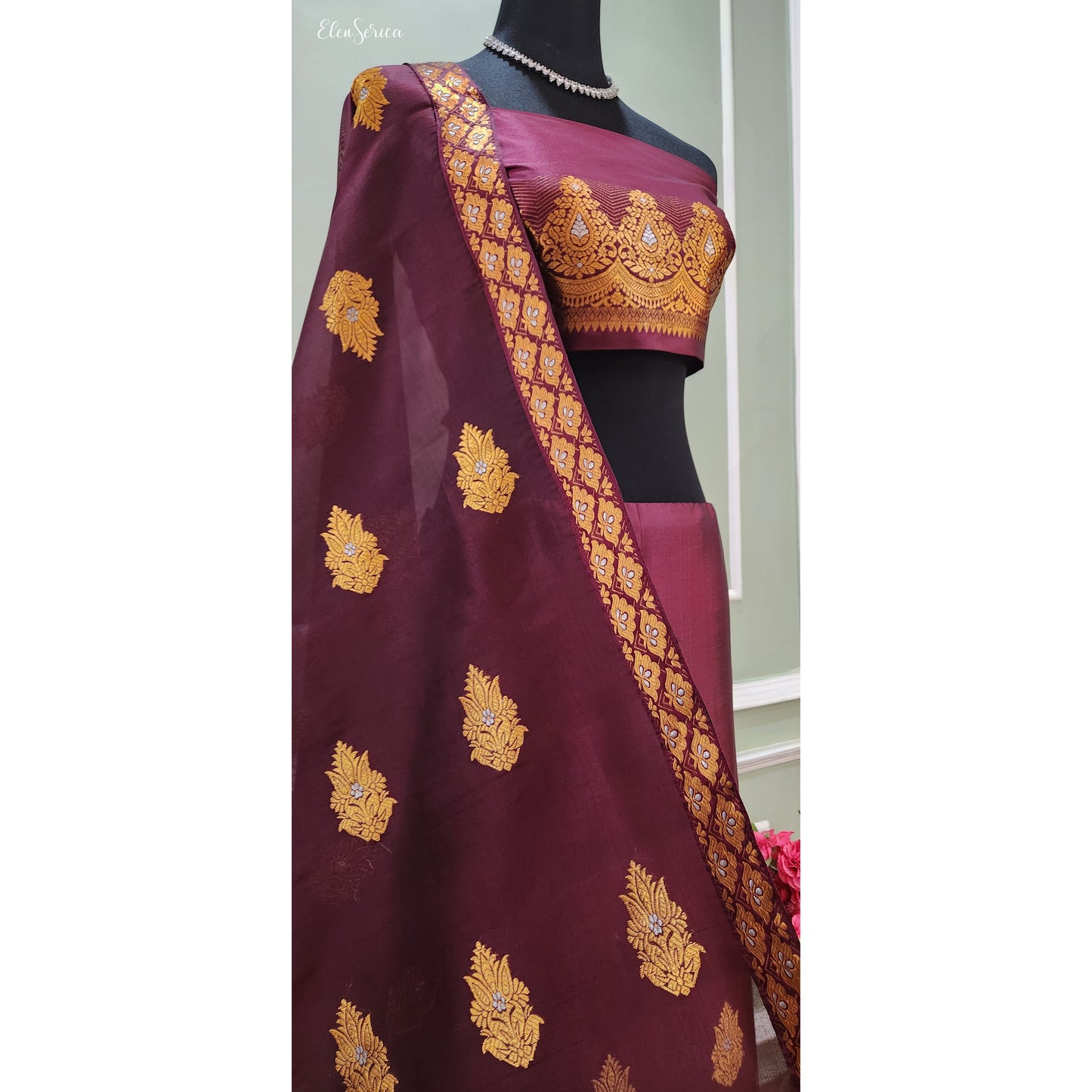 Rich Burgundy Mulberry Silk Mekhela Chador