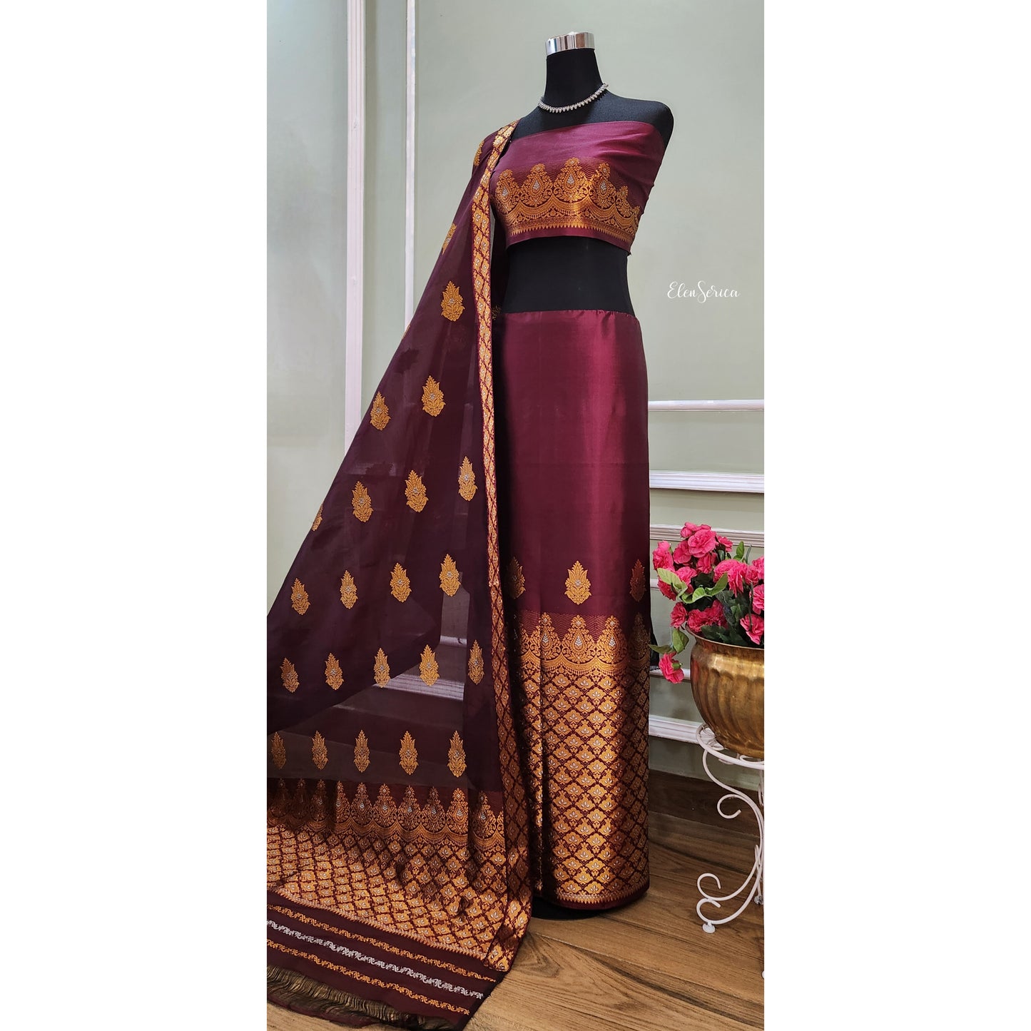 Rich Burgundy Mulberry Silk Mekhela Chador